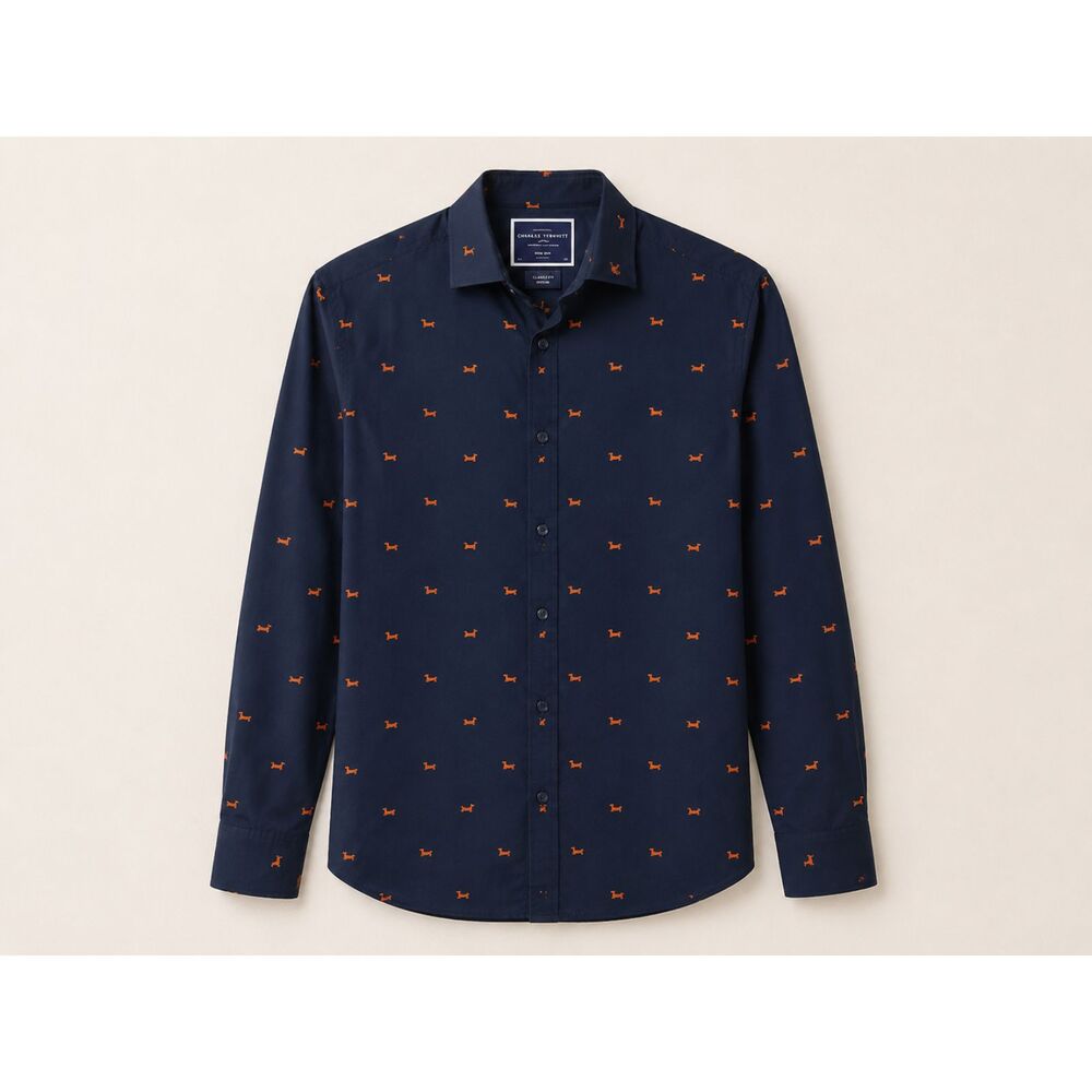Charles Tyrwhitt Non-Iron Button Down Men's Medium Navy Dachshund Print | EUC
